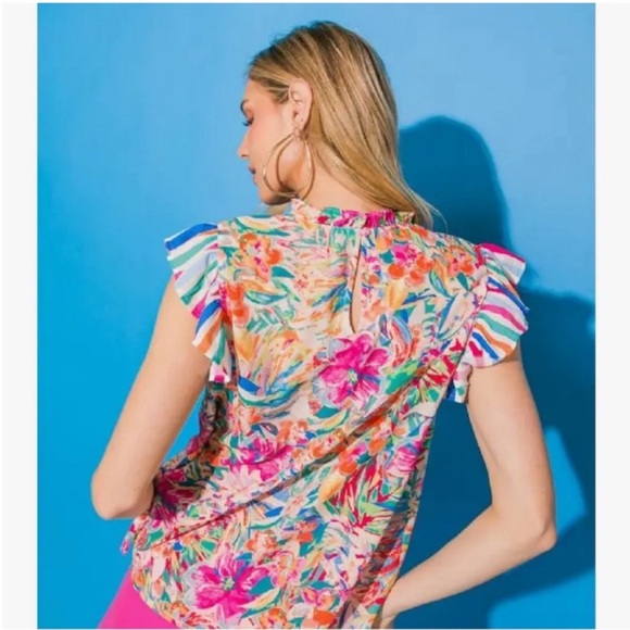 Flying Tomato Colorful Ruffle Floral Print Top Sizes Small-Large - Picture 4 of 12